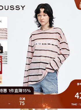 MOUSSY早秋新品休闲条纹撞色字母印花长袖T恤028ISA90-1003