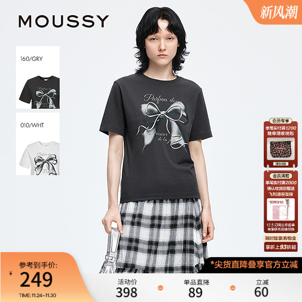 MOUSSY2025早秋休闲风大蝴蝶结印花圆领短袖T恤028IAA90-0731