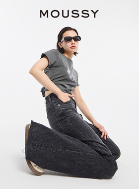 MOUSSY 秋季新品休闲风高腰阔腿裤毛边牛仔裤女010HS611-0680