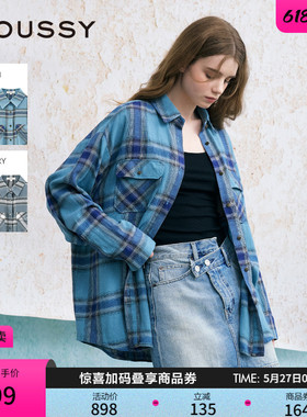 赵昭仪同款MOUSSY 新品美式复古格纹LOGO时尚衬衫女028JSX30-1052