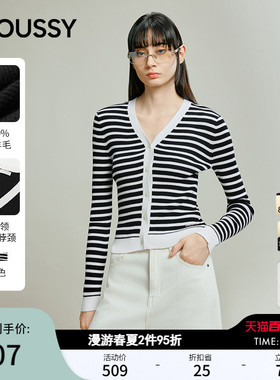 MOUSSY春季新品通勤风撞色V领修身绵羊毛针织衫028IAB70-1053