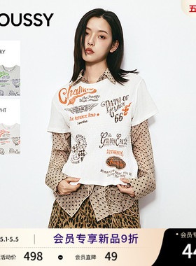 MOUSSY2026春季新品甜酷辣妹圆领字母印花修身短袖T028JSA90-1038