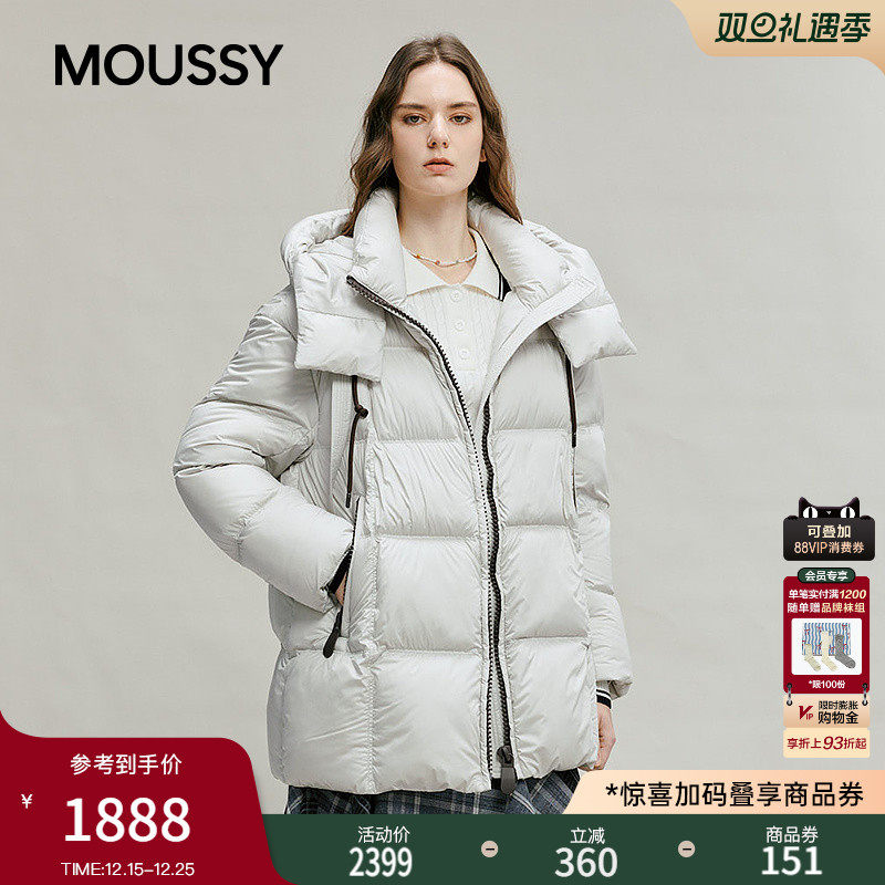 MOUSSY 2025秋季新品奶油泡芙抽绳连帽中长款羽绒服028IAC30-1113