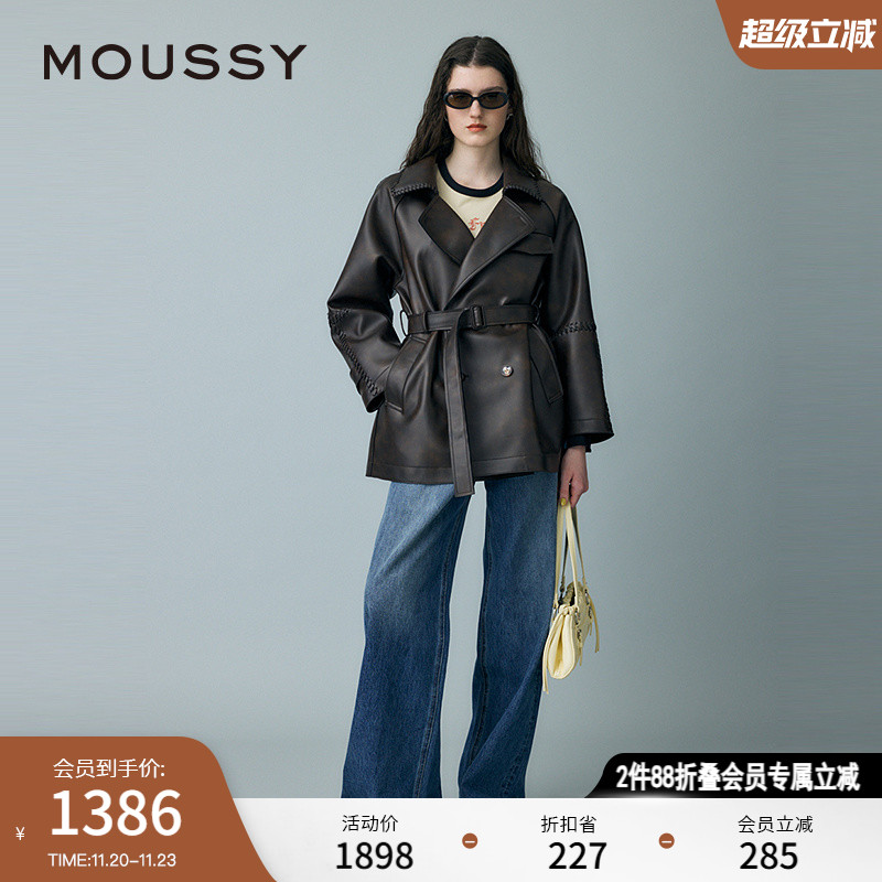 MOUSSY 2025春季新品复古港风翻领中长款皮质外套女010ISH30-0571