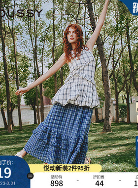 MOUSSY 夏季新品甜美复古格纹荷叶边吊带连衣裙028ISA33-4021