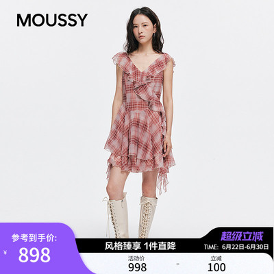 MOUSSY 2026夏季新品甜酷风不规则格纹荷叶边连衣裙028JSZ33-1021