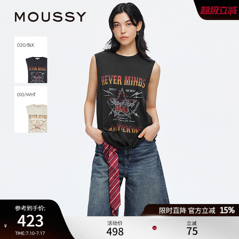 MOUSSY 2025夏季新品渐变字母图案印花纯棉无袖T恤028ISZ90-1381