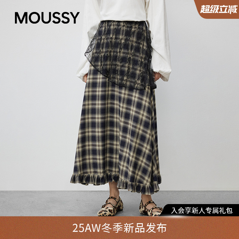 MOUSSY2025秋季新品复古港风木耳边蕾丝格纹半身裙028IAA31-1025