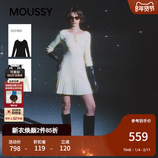 MOUSSY 2026早春新品优雅文艺风系带收腰百褶连衣裙010IA373-6371