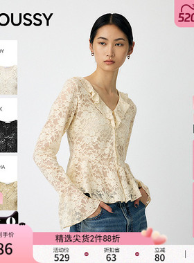 MOUSSY春季新品甜美风蕾丝花纹长袖V领针织衫010IA280-4491