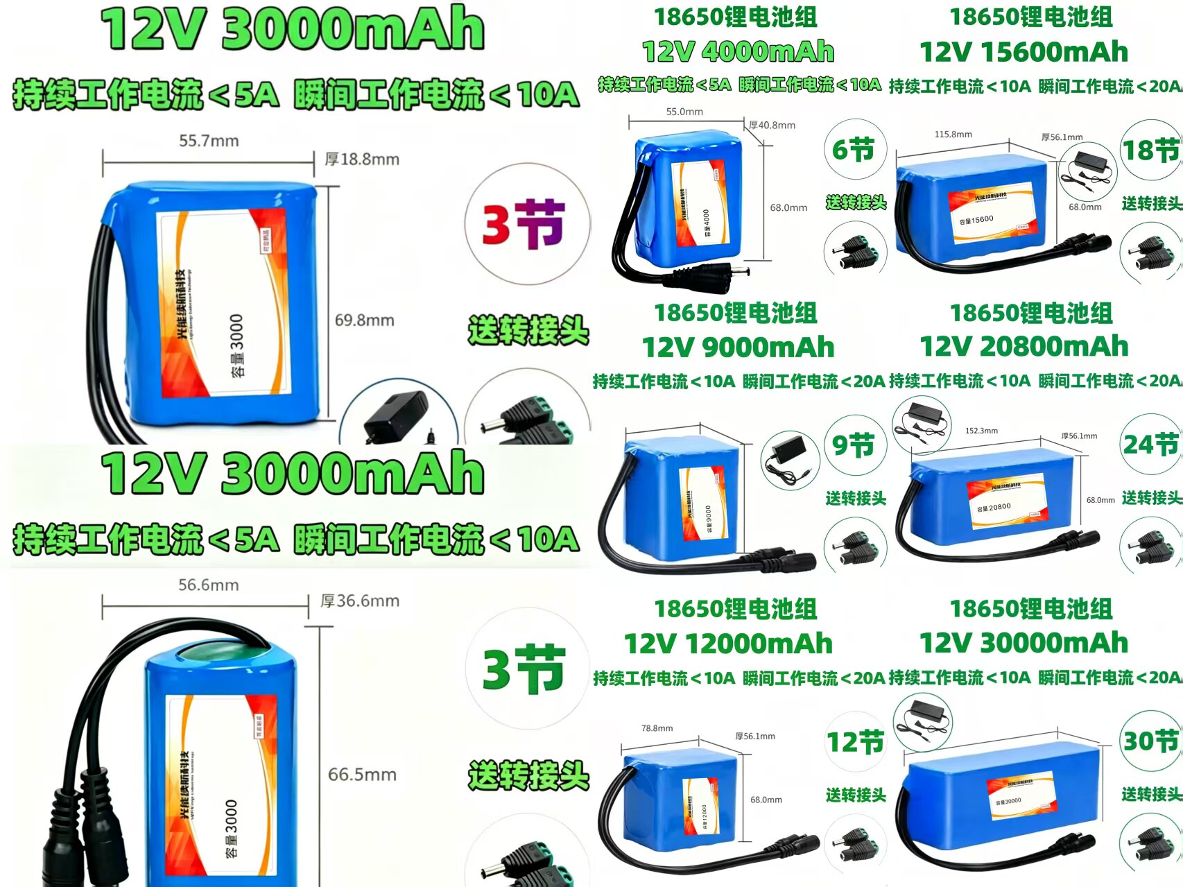12V锂电池组18650智能小车音响太阳能路灯LED灯地摊电瓶 可定制品