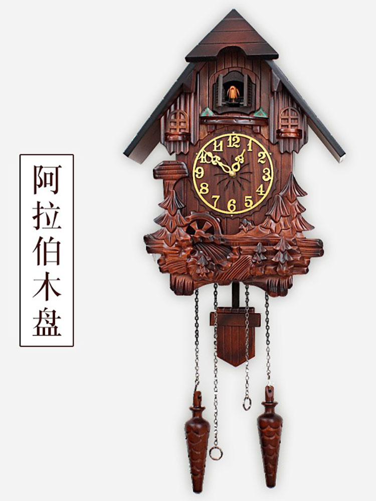 欧式实木雕刻布谷鸟挂钟儿童房客厅音乐整点报时钟摇摆创意咕咕钟