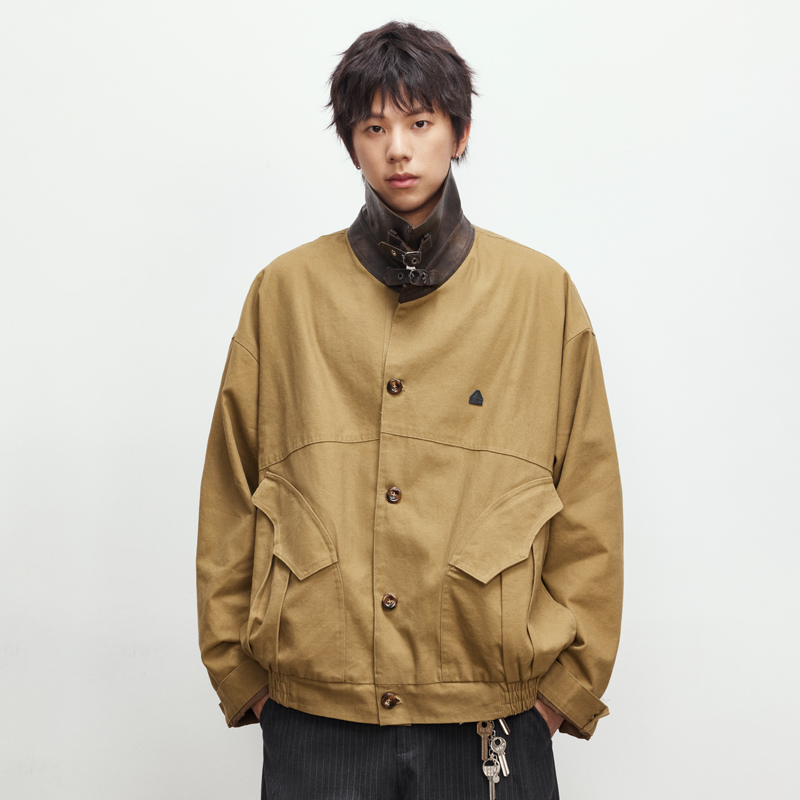 BETTWITH复古水洗巴恩风工装外套美式皮领帆布夹克男女设计感上衣