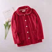 珊瑚绒韩版 法兰绒女士睡衣家居服单件开衫 长袖 甜美加厚翻领简约