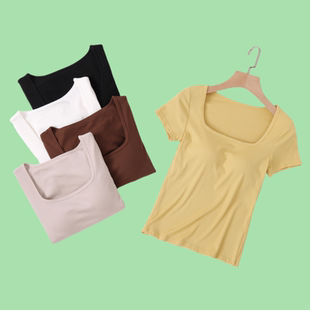 女带胸垫t恤方领打底衫上衣罩杯一体短袖薄款修身内搭新款可外穿