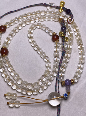 古玩天然老料白水晶佛珠收藏108颗桶珠苹果珠算盘扁珠老型珠项链