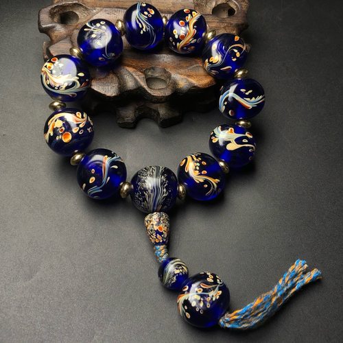 文玩回流高油包浆古法蓝色老琉璃凤尾圆珠手链手串
