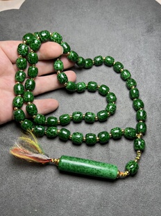 古玩文玩收藏老琉璃珠子深色满花绿色青蛙皮琉璃点翠珠苹果珠项链