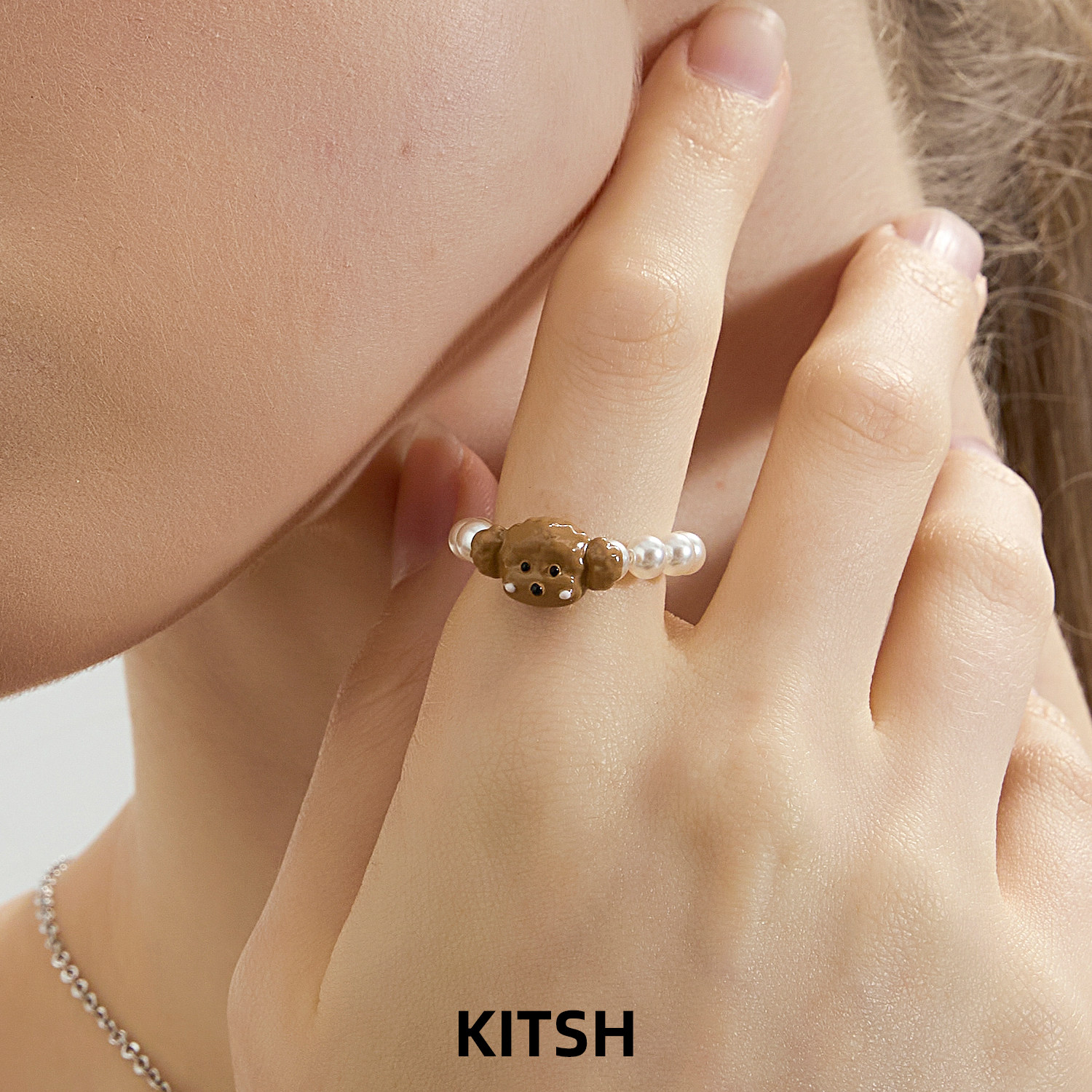 KITSH 泰迪小狗珍珠戒指女原创设计高级小众指环轻奢时尚可爱饰品
