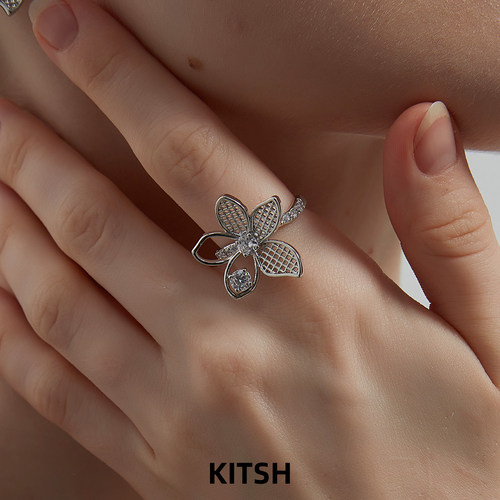 KITSH蕾丝花锆石开口戒指女百搭