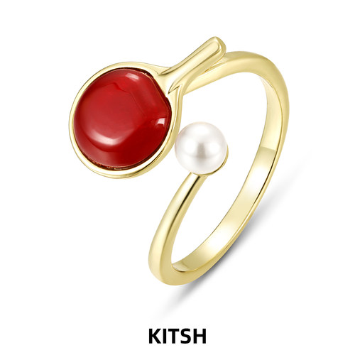 KITSH乒乓球戒指红玛瑙珍珠指环