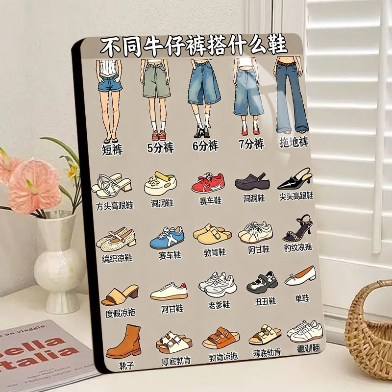 不同牛仔裤搭什么鞋女装实体店前台展示相框摆件穿搭参考装饰摆台