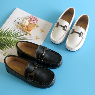 男童豆豆鞋夏季小童一脚蹬软底镂空方口鞋儿童黑色演出透气小皮鞋