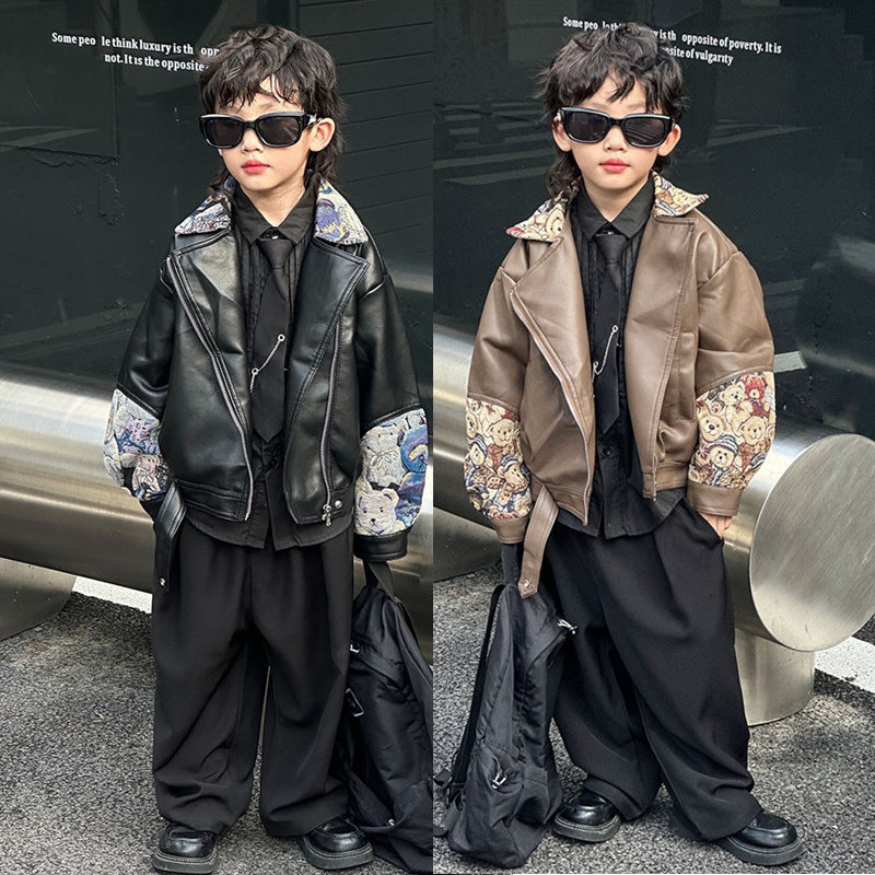 男童皮衣外套2024春秋新款痞帅儿童皮夹克衫机车服炸街走秀潮服酷