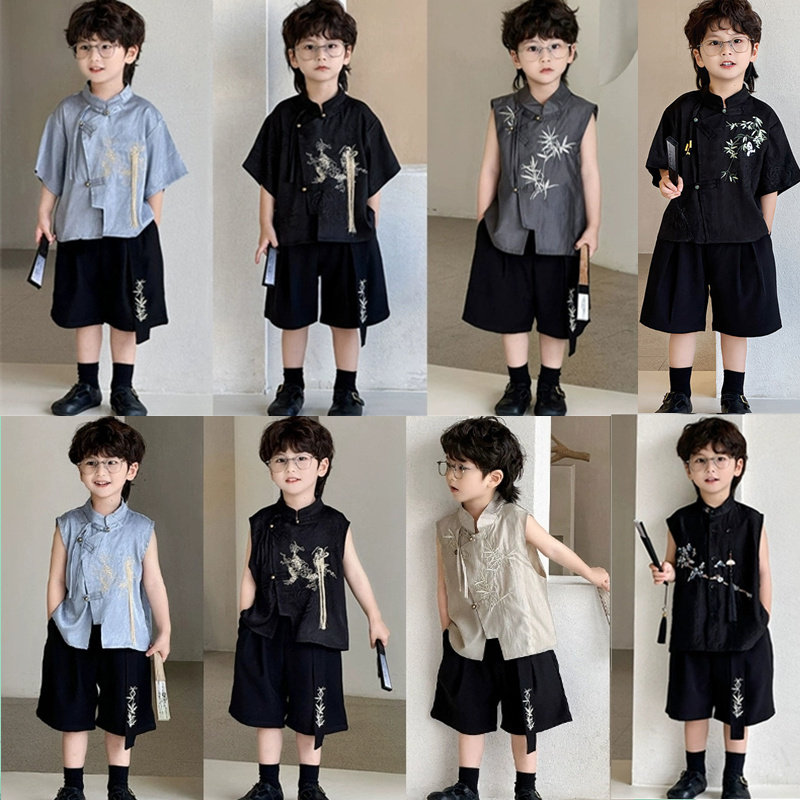新中式男童唐装2025夏季汉服小少爷国风套装帅气儿童走秀演出服潮