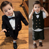 花童男童黑色小西装 痞帅英伦风男宝一周岁抓周礼服生日宴衣服 套装