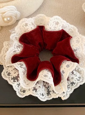 红色蕾丝花边大肠发圈韩系超大号收腰圈高级感大肠圈发绳皮套发饰