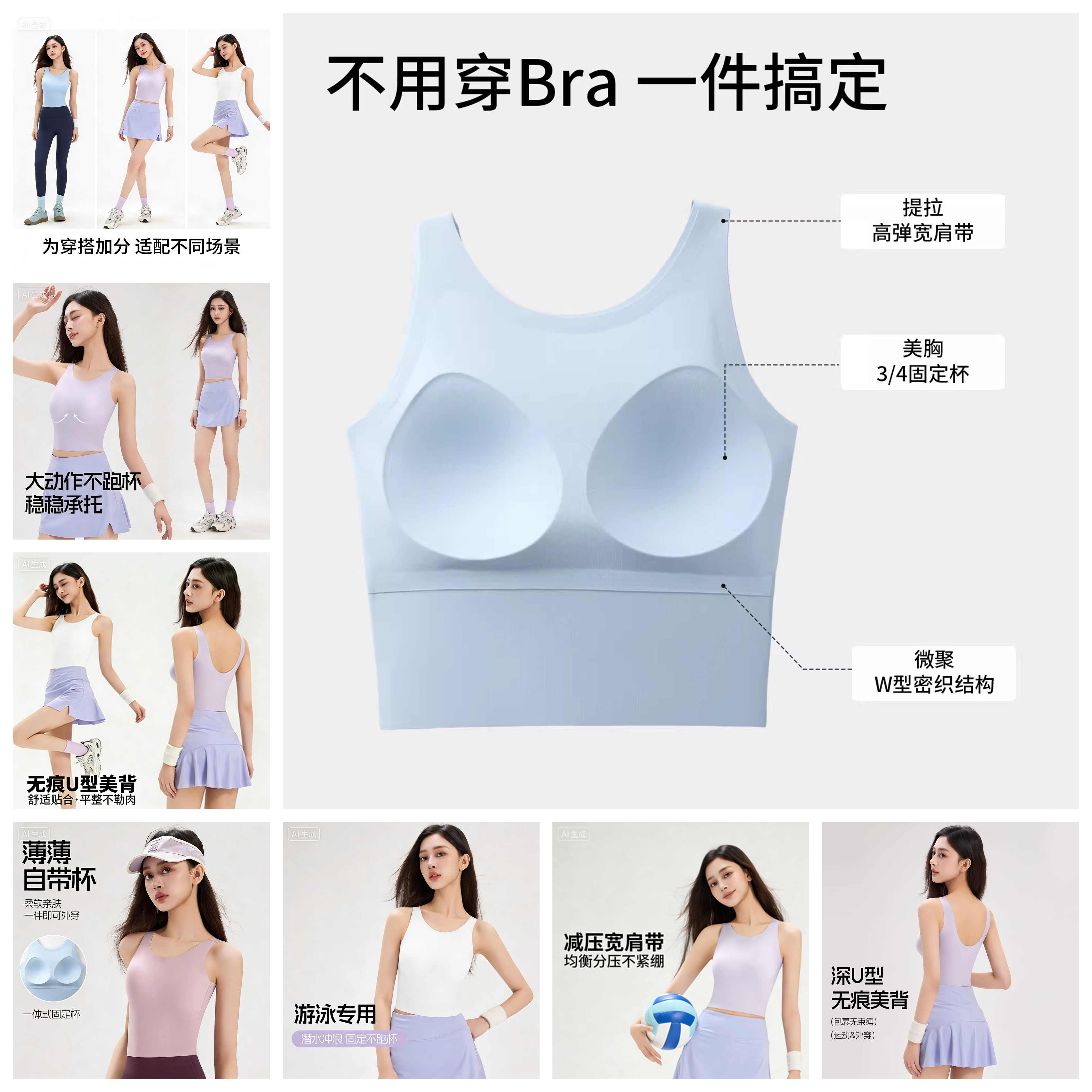 带胸垫背心分体游泳衣女士单件性感美背比基尼上衣水上乐园游泳馆