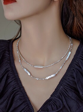 铜镀银巴洛克银条淡水珍珠项链小银条珍珠碎银子轻奢气质感锁骨链