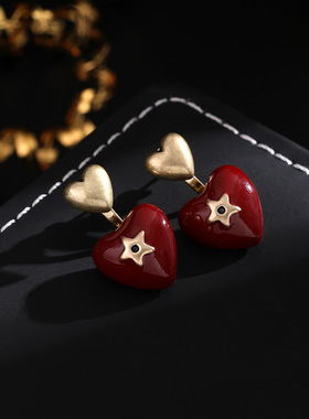 高版本真金电镀+S925银针 优雅气质红色爱心耳钉个性一款两戴耳坠
