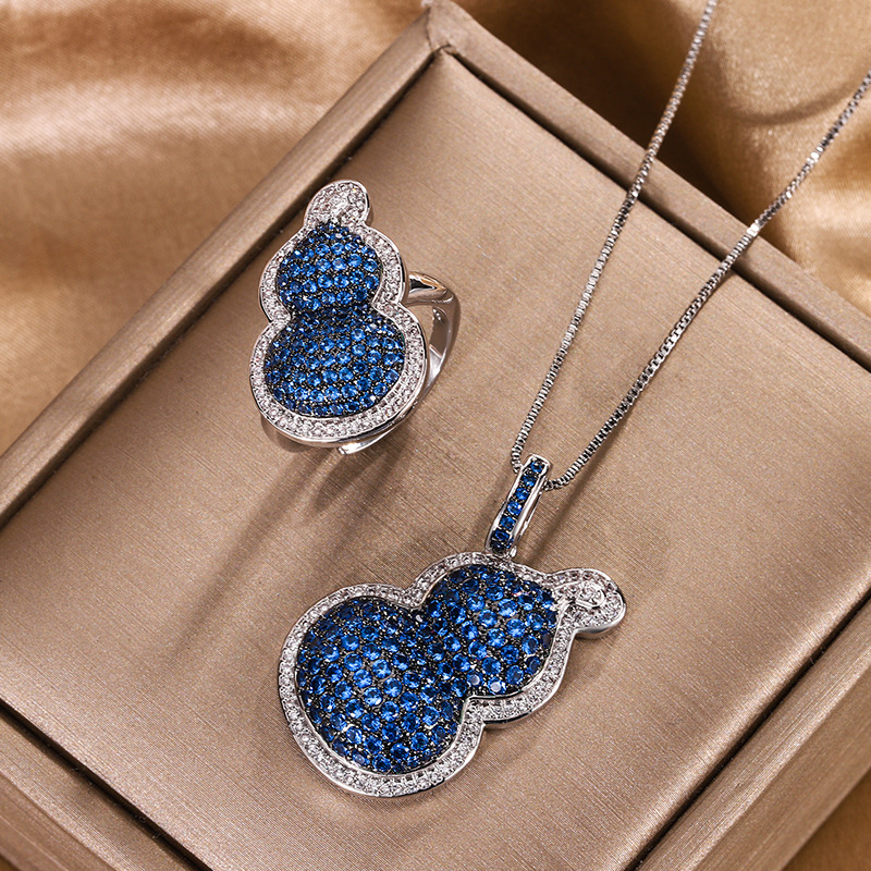 秋冬新款珠宝首饰套装蓝宝戒指指环项链葫芦款欧美时尚衣服配饰品