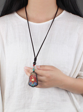 民族风尼泊尔莲花黑檀木毛衣链异域风情唐卡吊坠项链男女百搭配饰