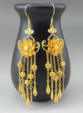 中古工艺银色流苏耳环步步生莲花雪花银汉服古风耳坠宫廷复古百搭