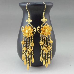 中古工艺银色流苏耳环步步生莲花雪花银汉服古风耳坠宫廷复古百搭