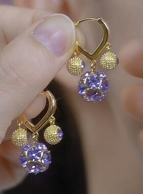 2024新款小众设计紫色满钻球耳环女高级感轻奢精致百搭奢华耳环