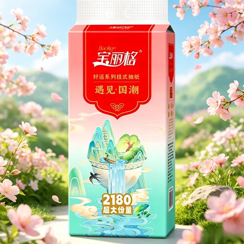 宝丽格抽纸国潮挂式抽纸2提4100张家庭装可湿水面巾餐巾纸卫生纸
