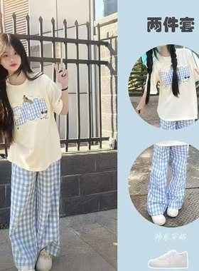 初中生夏天薄款裤子女小个子夏日ootd穿搭蓝色格子阔腿裤两件套装