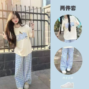 初中生夏天薄款裤子女小个子夏日ootd穿搭蓝色格子阔腿裤两件套装