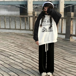 女款 子套装 2025新款 初中女生裤 潮 卫衣宽松慵懒风女秋季 黑色运动裤