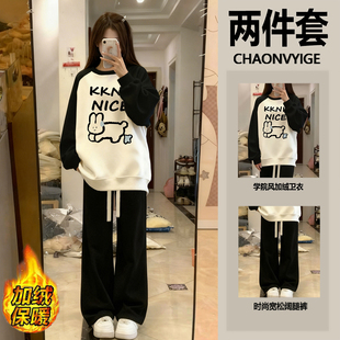初中女生卫衣圆领加绒套装女款2025新款韩版宽松套头外套运动长裤