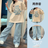 套装 初中女生短袖 宽松字母印花蓝色系上衣格子裤 女款 杏色t恤套装