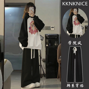 学院风套装青少年裤子女初中生女孩运动裤秋插肩卫衣黑色卫裤套装