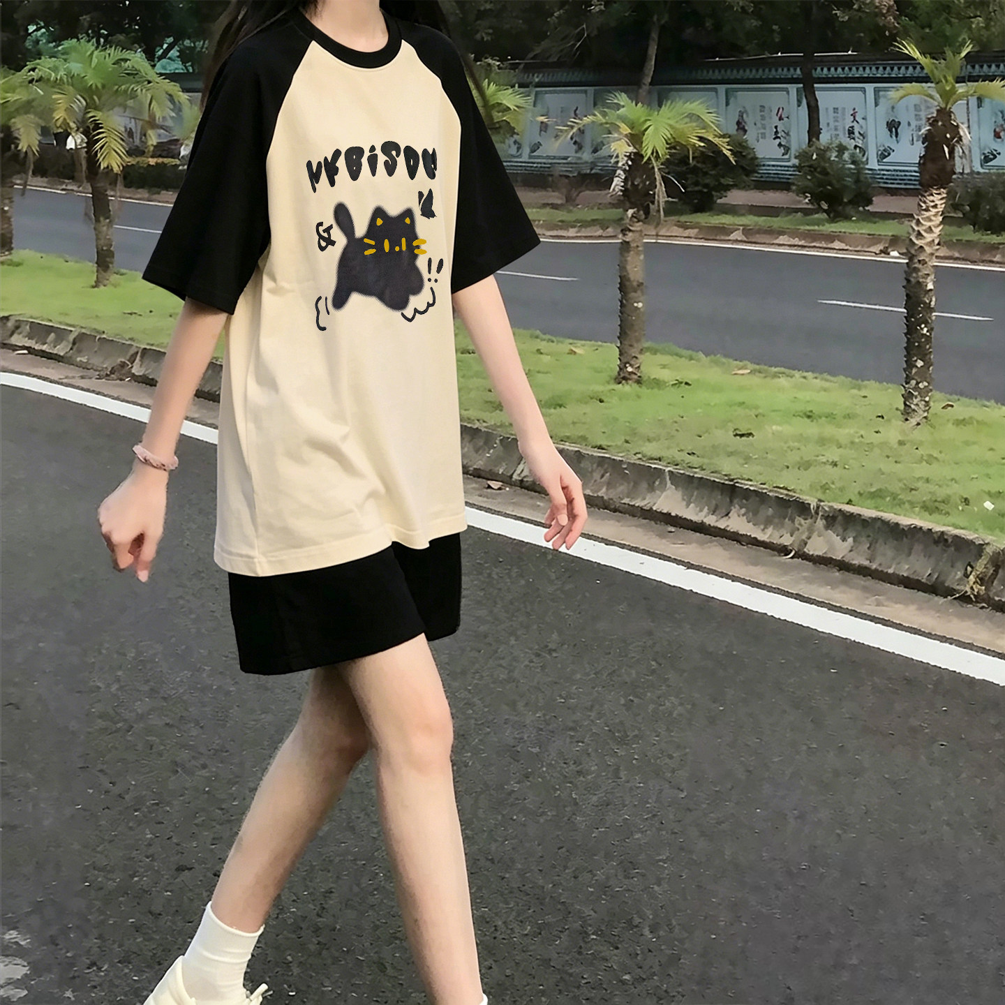 短裤短袖初中生套装少女夏装2026新款盐系杏色T恤撞色上衣运动服