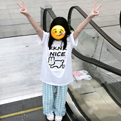 阔腿裤 休闲风运动裤 今年流行款 t恤女ins潮格子套装 夏 女初中生短袖