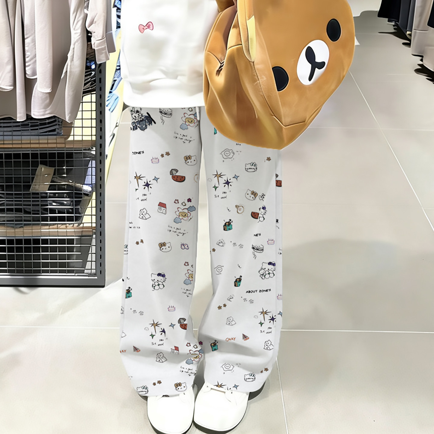 小个子百搭卡通白灰色卫裤阔腿裤