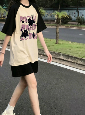 初中女生夏装套装2026新款卡通字母印花短袖t恤宽松紧腰短裤子夏